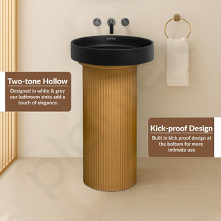 Plantex Acrylic Resin & Quartz Pedestal Basin for Bathroom/One Piece Pedestal Free Standing Round Wash Basin for living Room/Hotel (Black & Gold)