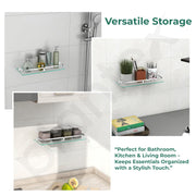 Plantex Glass Shelves for Bathroom/Frosted Bathroom Glass Wall Shelf with Brass Railings and Brackets- Pack of 2 (15 x 6 Inch, Chrome)