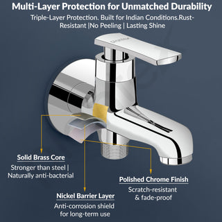 Plantex Pure Brass 2 in 1 Tap for Washing Machine/2-Way Bib Cock for Bathroom with Wall Flange & Teflon Tape - (Chrome, 3507-1)