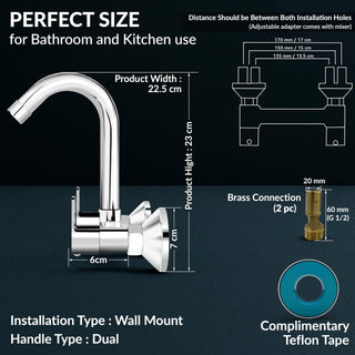 Plantex Sink Mixer Tap for Kitchen with 360° Swivel Spout/Hot and Cold Water Tap with Wall Flange and Teflon Tape/Brass Spindle Sink Tap (Saga-Chrome)