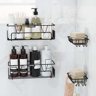 Plantex 4in1 Bathroom Organiser Without Drill/Self Adhesive Shelf for Bathroom and Soap Dish/GI Steel Wall Mounted Shelf and Soap Holder with Hooks (Black)