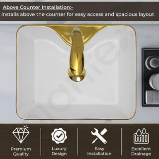 Plantex Ceramic Designer Washbasin for Bathroom/Countertop Hand Wash Basin/Rectangle Tabletop Basin for Restaurant/Hotel (19x15x5.5 Inch - White & Gold)