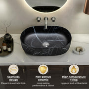 Plantex Ceramic Black Washbasin/Oval Tabletop Hand Wash Basin for Bathroom/Designer Washbasin Sink for Home/Office (22x13.5x6 Inch - Marble Finish)