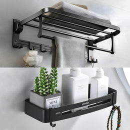 Plantex Aluminium Folding Towel Rack with Swivel Towel Rod/Towel Hanger with Hook/Bathroom Shelf for Wall/Bathroom Accessories – Combo (Black)