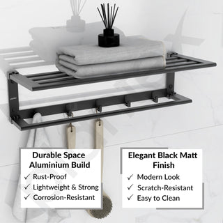 Plantex Folding Towel Rack with Towel Rod and Hooks for Bathroom/24 Inch Aluminium Towel Hanger/Towel Stand/Towel Rod/Bathroom Accessories - Pack of 1 (Black, 6900)