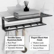 Plantex Folding Towel Rack with Towel Rod and Hooks for Bathroom/24 Inch Aluminium Towel Hanger/Stand/Bathroom Accessories - Pack of 1 (Black, 6900)