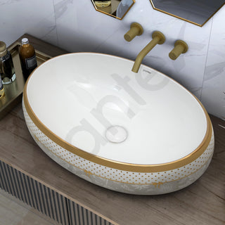 Plantex Tabletop Wash Basin for Bathroom/Designer Ceramic Basin/Countertop Vessel Sink Basin for Home/Hotel - (16016, White & Gold)