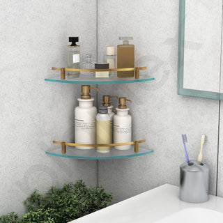 Plantex Premium Frosted Glass Corner Shelf for Bathroom/Glass Shelf/Storage Shelf - (12x12 in,Brass Antique-Pack of 2)