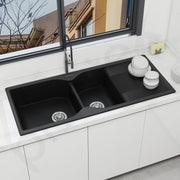 Plantex Matt Kitchen Sink/Quartz Sink for Kitchen/UV Protected Double Bowl with Drain Board, Coupling and Adjustable Drain Rack (Charcoal Black - 45x20inch)