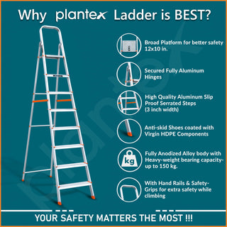Plantex Legend Aluminium Folding 8 Step Ladder for Home - 8 Step Anti Skid Ladder/Wide Step Ladder (Orange-Silver)
