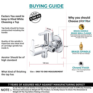 Plantex FLO-808 Pure Brass 2-Way Angle Valve Tap for Bathroom/Quarter Turn Tap/Angular Valve for Wash Basin Connection with Brass Wall Flange & Teflon Tape (Mirror-Chrome Finish)