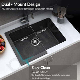 Plantex Quartz Acrylic Kitchen Sink With 10 Years Warranty/Undermount Sink For Kitchen/Metalic Single Bowl Kitchen Sinks With Coupling (Siapan-24X18 Inches), ?Metallic, Black