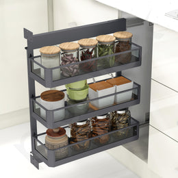 Plantex Pull Out Cabinet Organizer/Kitchen Cabinet Side Mounted Bottle Pull Out Unit/3-Tier Organizer with Soft Close/Heavy-Duty Storage for Modular Kitchen - (250mm, Grey)