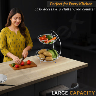 Plantex 2-Tier Fruit bowl for Dining Table/Stainless Steel Fruit Storage Basket For Dining Table/Vegetable Stand for Kitchen(Chrome Finish)