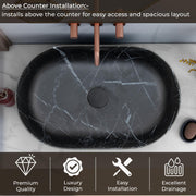 Plantex Ceramic Black Washbasin/Oval Tabletop Hand Wash Basin for Bathroom/Designer Washbasin Sink for Home/Office (22x13.5x6 Inch - Marble Finish)