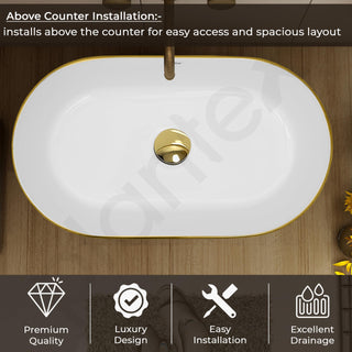 Plantex Designer Washbasin for Bathroom/Ceramic Countertop Basin/Oval Tabletop Wash Basin/Hand Wash Sink for Restaurant/Hotel (20.5x12x4.5 inch - White & Gold)