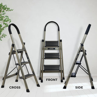 Plantex Guardex 3 Step Foldable Aluminum Ladder for Home/Anti-Slip Shoes and Edge Guards/5 Year Manufacturer Warranty Ladder for Home (Anodized Coated-Gold)