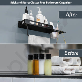 Plantex No Drill Bathroom Organizer/3in1 Stainless Steel Shelf for Wall with Foldable Napkin Holder and Tumbler Holder/Self Adhesive Bathroom Shelf -(Black-15 Inch)