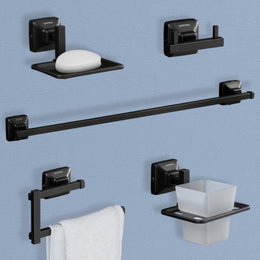 Plantex 304 Grade Stainless Steel Bathroom Accessories Set of 5 - Towel Rod/Hand Napkin Hanger for Wash Basin/Soap Case/Toothbrush Holder/Robe Hook - Squaro (Black)
