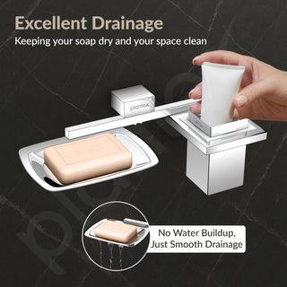 Plantex 2in1 Soap Dish with Tumbler Holder for Bathroom/304 Grade Stainless Steel Soap Holder with Toothbrush Holder/Bathroom Accessories - Pack of 1 (Tesla - 2708, Chrome)