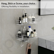 Plantex No Drill Bathroom Organiser/Shower Caddy for Bathroom Hanging/5in1 Stainless Steel Shelf with Soap Holder and Hooks (Big Size-Square Shape-Chrome Finish)