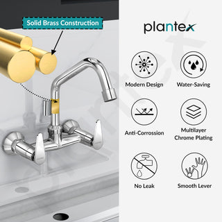 Plantex LEA-714 Pure Brass Sink Mixer Tap Hot and Cold/Kitchen Sink Tap/Mixer Tap for Kitchen Sink with Brass Wall Flange and Teflon Tape- (LEA-714 -Chrome)