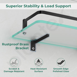 Plantex Bathroom Accessories - Wall Mounted Bathroom Shelf/Glass Shelves for Kitchen/Living Room with Black Brass Railings (Frosted - 12x6 Inches - Pack of 3)