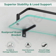 Plantex Premium Frosted Bathroom Glass Shelf/Kitchen/Glass Shelf for Bathroom Wall/Living Room with Brass Railings and Brackets(Transparent, Black – 12 x 6 inches - Pack of 1)