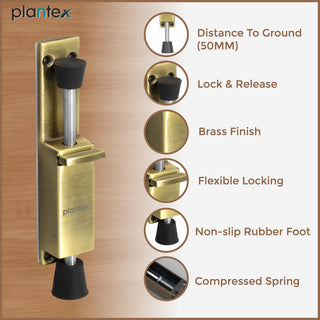Plantex Kickdown Door Stopper Spring Loaded Telescopic Step On/Off Door Stopper Rubber, Adjustable Heavy Duty Door Locks Holder Stop/Release by Foot - (Brass Antique)