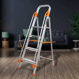 Plantex Secura 4 Step Ladder for Home/Aluminium Foldable Ladder with Safe Hand Rail (Orange-Silver)
