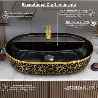 Plantex Ceramic Tabletop Wash Basin for Bathroom/Counter Top Washbasin/Oval Vessel Sink Basin for Home/Hotel/Office (24x16x5.5 Inch - Black & Gold)