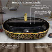 Plantex Ceramic Tabletop Wash Basin for Bathroom/Counter Top Washbasin/Oval Vessel Sink Basin for Home/Hotel/Office (24x16x5.5 Inch - Black & Gold)