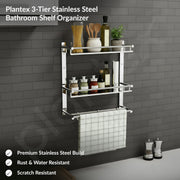 Plantex Bathroom Organizer with Drill/Stainless Steel Bathroom Rack Shelf with Towel Holder/Towel Rod and Hooks (3-Tier, Chrome)