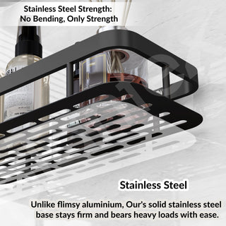 Plantex Self Adhesive Bathroom Shelf for Wall/Stainless Steel Rack with Aluminium Railing & Magic Stickers/Bathroom Organiser - Pack of 4 (12x5 inches, Black)