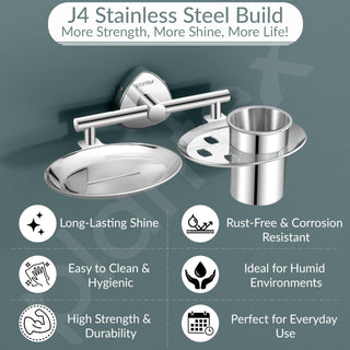 Plantex J4 Stainless Steel Soap Dish with Tumbler Holder/Soap and Brush Holder for Bathrooom/2 in 1 Soap Holder with Toothbrush Holder/Bathroom Accessories (Chrome Finish) Angel