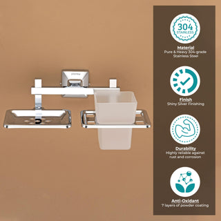 Plantex 304 Grade Stainless Steel 2in1 Soap Holder with Tumbler Holder/Bathroom Accessories - Squaro (Chrome)