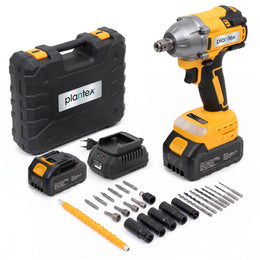 Plantex 21V Brushless Cordless Impact Wrench/1/2 Inch Drive/350N.m Electric Impact Wrench Kit with 2 Li-Ion Batteries/Charger/Sockets & Carrying Case - (Yellow, ML-W012)