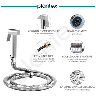 Plantex Pure Brass D-Shape Health Faucet Set/Jet Spray for Toilet with 1.20-Meter Hose Pipe for Toilet & Wall Hook-(Chrome Finish)