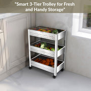 Plantex Stainless Steel 3-Tier Vegetable Storage Basket for Kitchen/Onion Garlic Stand-Trolley (Square Profile-Silver)