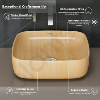 Plantex Premium Tabletop Ceramic Square Wash Basin/Countertop Bathroom Sink (Woody, 16 x 16 x 5 Inch)