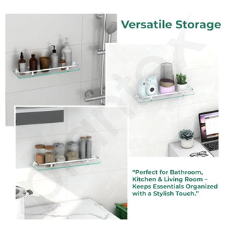 Plantex Frosted Glass Shelf for Bathroom/Kitchen Shelf for Wall/Living Room Wall Storage Shelf with Chrome Finish Brass Railings and Brackets (18x6 Inches) - Pack of 2