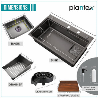 Plantex modular sink/basin for kitchen/stainless steel kitchen sink/Integrated Waterfall and Pull-down Faucet/Fully Equipped Sink for Kitchen - Nano Black Finish (30 x 18 Inch)