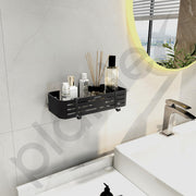 Plantex Aluminium Bathroom Stand for Wall/Self Adhesive Shelf with Removable Hooks & Magic Stickers/Bathroom Accessories Items (12x5 inches, Matt Black) - Pack of 2
