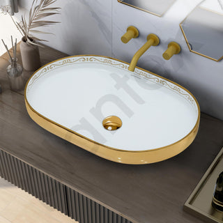 Plantex Ceramic Wash Basin/Designer Hand Wash Sink for Bathroom/Oval Tabletop Washbasin/Countertop Vessel Sink for Home/Office (24x16x5 inch - Gold & White)