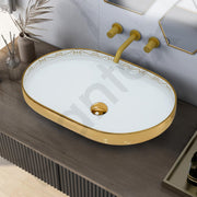 Plantex Ceramic Wash Basin/Designer Hand Wash Sink for Bathroom/Oval Tabletop Washbasin/Countertop Vessel Sink for Home/Office (24x16x5 inch - Gold & White)