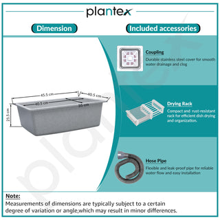 Plantex Quartz Single Bowl Sink For Kitchen/Kitchen Sink/Non-Fading Mosaic Matt Grey Colour With Uv Protection/Undermount/Topmount (Mosaic Grey/18 X 16 Inches)