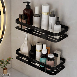 Plantex Self Adhesive Shelf for Bathroom/Aluminium Bathroom Organisers/Wall Mounted Bathroom Shelf with Magic Stickers (12x5 inches, Matt Black) - Pack of 2