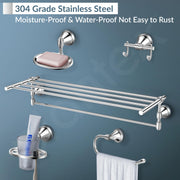 Plantex 304 Grade Stainless Steel Bathroom Accessories Set of 5 - Towel Stand/Napking Ring/Soap Holder/Toothbrush Stand/Robe Hanger - Niko (Chrome)