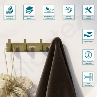 Plantex Aluminum Hook Rail with L-Shape Hooks for Walls of Bathroom/Kitchen–Hook Rail Bar for Clothes/Towel/Keys - Pack of 3 (4 Hooks, Brass Antique)