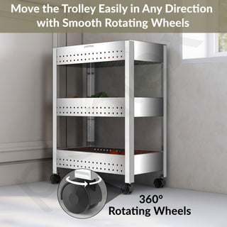 Plantex Stainless Steel 3-Tier Vegetable Storage Basket for Kitchen/Onion Garlic Stand-Trolley (Square Profile-Silver)